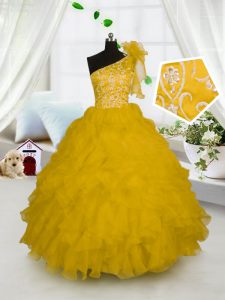 Charming Ball Gowns Little Girl Pageant Dress Gold One Shoulder Organza Sleeveless Floor Length Side Zipper