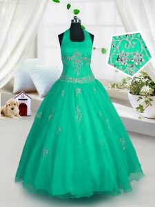 Trendy Green Lace Up Halter Top Appliques Child Pageant Dress Tulle Sleeveless