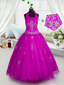 Halter Top Sleeveless Lace Up Floor Length Appliques Pageant Gowns For Girls