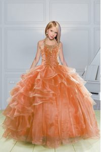 Modern Halter Top Orange Ball Gowns Beading and Ruffles Little Girls Pageant Gowns Lace Up Organza Sleeveless Floor Length