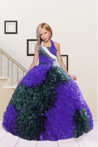 Dark Green and Eggplant Purple Ball Gowns Halter Top Sleeveless Fabric With Rolling Flowers Floor Length Lace Up Beading and Ruffles Little Girls Pageant Dress