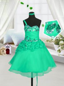 Custom Made One Shoulder Sleeveless Knee Length Beading and Hand Made Flower Lace Up Little Girl Pageant Dress with Turquoise