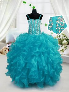Aqua Blue Ball Gowns Organza Spaghetti Straps Sleeveless Beading and Ruffles Floor Length Lace Up Little Girls Pageant Gowns