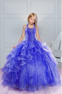 Halter Top Floor Length Blue Little Girl Pageant Dress Organza Sleeveless Beading and Ruffles