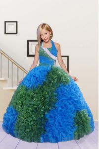 Halter Top Sleeveless Lace Up Little Girls Pageant Gowns Blue and Dark Green Fabric With Rolling Flowers