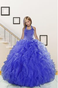 Eye-catching Blue Pageant Gowns For Girls Party and Wedding Party with Beading and Ruffles Halter Top Sleeveless Lace Up