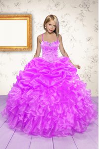 Hot Pink Spaghetti Straps Lace Up Beading and Ruffles and Pick Ups Little Girl Pageant Gowns Sleeveless