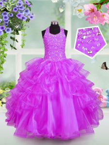 Best Halter Top Lilac Ball Gowns Beading and Ruffled Layers Little Girls Pageant Dress Lace Up Organza Sleeveless Floor Length