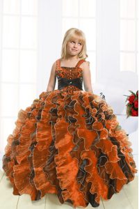 Superior Orange Sleeveless Organza Lace Up Child Pageant Dress for Party and Wedding Party