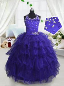 Scoop Navy Blue Organza Lace Up Pageant Gowns For Girls Sleeveless Floor Length Beading and Ruffled Layers