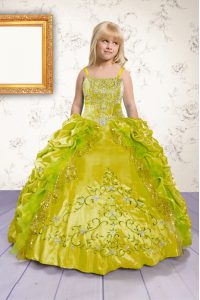 Apple Green Satin Lace Up Spaghetti Straps Sleeveless Floor Length Little Girls Pageant Dress Wholesale Beading and Appliques and Pick Ups