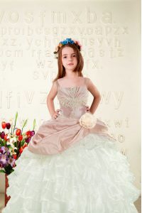 Custom Fit Sleeveless Lace Up Floor Length Beading and Ruffled Layers and Hand Made Flower Little Girl Pageant Gowns