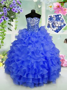 Most Popular Floor Length Lace Up Girls Pageant Dresses Royal Blue for Party and Wedding Party with Ruffled Layers and Sequins