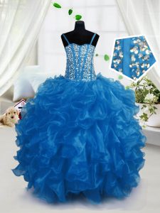 Top Selling Blue Ball Gowns Beading and Ruffles Girls Pageant Dresses Lace Up Organza Sleeveless Floor Length
