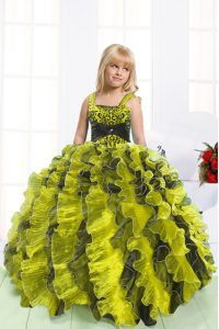 Sleeveless Floor Length Beading and Ruffles Lace Up Little Girls Pageant Dress Wholesale with Light Yellow