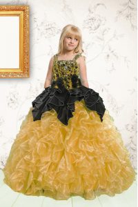 Custom Design Gold Sleeveless Floor Length Beading and Pick Ups Lace Up Kids Formal Wear