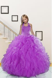 Floor Length Purple Little Girls Pageant Dress Wholesale Halter Top Sleeveless Lace Up