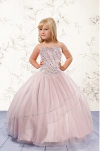 Beauteous Baby Pink Ball Gowns Strapless Sleeveless Tulle Floor Length Lace Up Beading Pageant Gowns For Girls