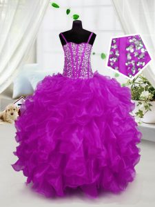 Wonderful Hot Pink Little Girl Pageant Gowns Party and Wedding Party with Beading and Ruffles Spaghetti Straps Sleeveless Lace Up