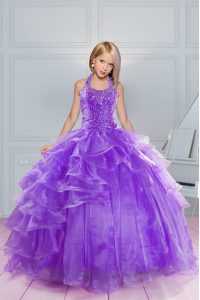 Halter Top Sleeveless Organza Floor Length Lace Up Girls Pageant Dresses in Lavender with Beading and Ruffles
