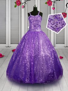 Sequins Floor Length Lavender Pageant Gowns For Girls Straps Sleeveless Lace Up
