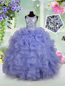 Glorious Light Blue Scoop Zipper Ruffles and Sequins Pageant Gowns For Girls Sleeveless