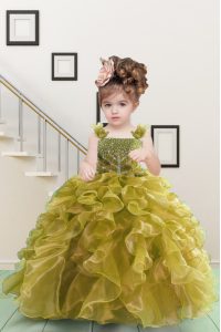 Beauteous Yellow Green Ball Gowns Straps Sleeveless Organza Floor Length Lace Up Beading and Ruffles Pageant Gowns For Girls
