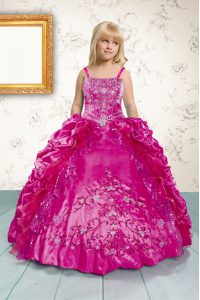 Nice Beading and Appliques and Pick Ups Little Girl Pageant Gowns Hot Pink Lace Up Sleeveless Floor Length