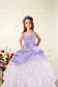 Elegant Floor Length Lavender Kids Pageant Dress Organza Sleeveless Beading and Ruffled Layers and Hand Made Flower