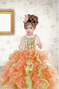 Hot Sale Multi-color Organza Lace Up Spaghetti Straps Sleeveless Floor Length Little Girl Pageant Gowns Beading and Ruffles and Sequins