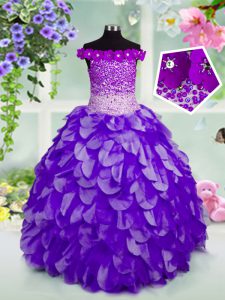 Attractive Off the Shoulder Navy Blue Organza Lace Up Kids Formal Wear Sleeveless Floor Length Beading and Hand Made Flower