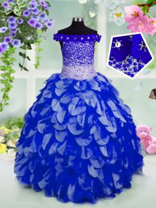 Hot Selling Royal Blue Lace Up Off The Shoulder Beading and Hand Made Flower Little Girl Pageant Dress Organza Sleeveless