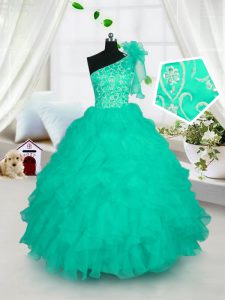One Shoulder Sleeveless Organza Child Pageant Dress Embroidery and Ruffles Lace Up
