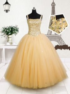 New Arrival Sleeveless Tulle Floor Length Lace Up Girls Pageant Dresses in Orange with Beading and Sequins