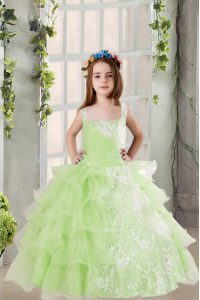 New Style Organza Square Sleeveless Lace Up Lace and Ruffled Layers Little Girls Pageant Gowns in Yellow Green