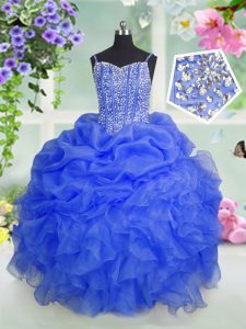 Fantastic Sleeveless Floor Length Beading and Ruffles and Pick Ups Lace Up Little Girl Pageant Dress with Baby Blue