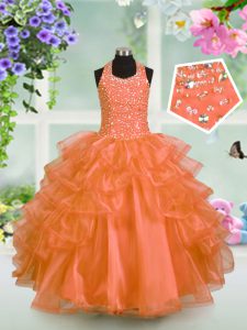 Halter Top Ruffled Floor Length Ball Gowns Sleeveless Orange Little Girl Pageant Gowns Lace Up