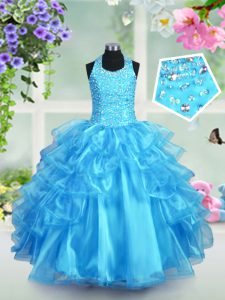 Organza Halter Top Sleeveless Lace Up Beading and Ruffled Layers Girls Pageant Dresses in Aqua Blue