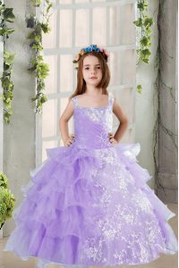 Latest Lavender Sleeveless Beading and Ruffled Layers Floor Length Little Girls Pageant Gowns
