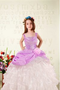 Organza Straps Sleeveless Lace Up Beading and Ruffled Layers and Hand Made Flower Little Girl Pageant Dress in Fuchsia