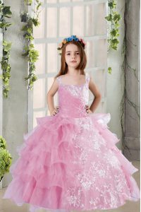 Stylish Organza Square Sleeveless Lace Up Lace and Ruffled Layers Child Pageant Dress in Lilac