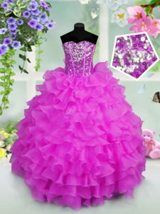 Fashionable Lilac Sleeveless Ruffled Layers and Sequins Floor Length Little Girl Pageant Dress