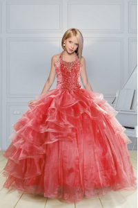 Dazzling Halter Top Sleeveless Lace Up Floor Length Beading and Ruffles Pageant Gowns For Girls