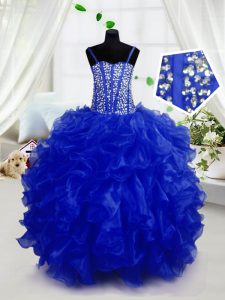 Customized Royal Blue Lace Up Spaghetti Straps Beading and Ruffles Little Girls Pageant Dress Wholesale Organza Sleeveless