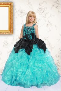 Organza Straps Sleeveless Lace Up Beading and Pick Ups Kids Pageant Dress in Aqua Blue