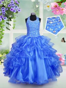 Halter Top Sleeveless Organza Floor Length Lace Up Kids Pageant Dress in Royal Blue with Beading and Ruffled Layers
