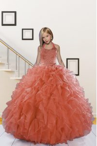 High Quality Organza Halter Top Sleeveless Lace Up Beading and Ruffles Little Girls Pageant Gowns in Watermelon Red