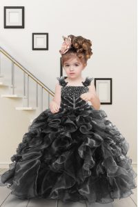 Black Straps Lace Up Beading and Ruffles Little Girls Pageant Dress Sleeveless