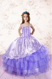 Ruffled Floor Length Lavender Girls Pageant Dresses Spaghetti Straps Sleeveless Lace Up