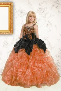 Floor Length Orange Little Girls Pageant Dress Wholesale Organza Sleeveless Beading and Pick Ups